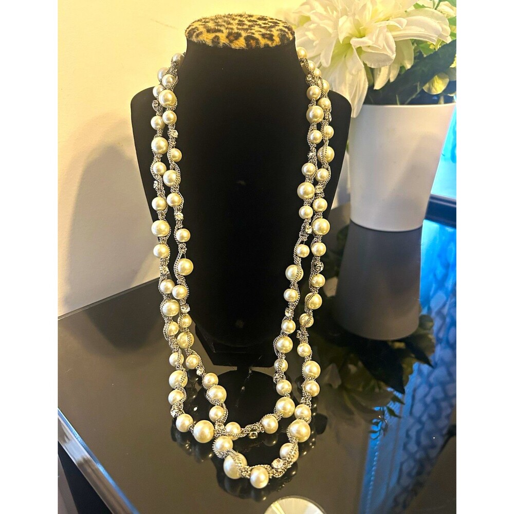 Park Lane Silver Tone Double Strand Faux Pearl Beaded Chain Necklace Crystal